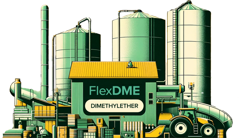 Eine illustrierte Darstellung für FlexDME, das eine grüne und gelbe industrielle Anlage mit Silos und einem Traktor zeigt, welches die Herstellung von Dimethylether symbolisiert.